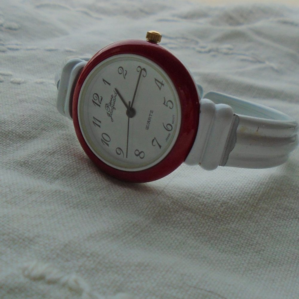 Rare Pierre Jacquard red and white cuff vintage enamel watch ladies